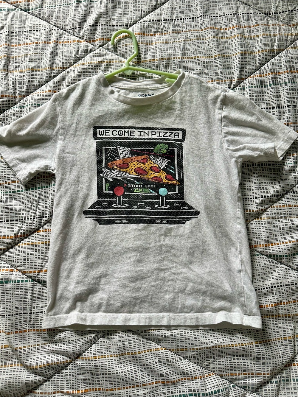 Old Navy White Kids' Pizza Arcade Graphic Tee with Red, Green, Orange Accents